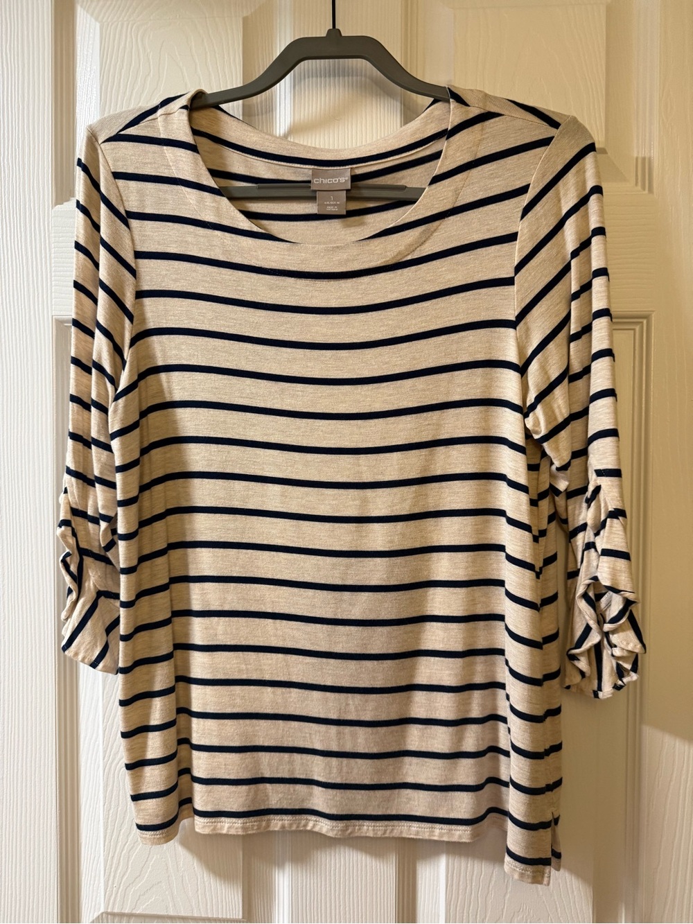 Chico's Cream and Navy Striped 3/4 bell Sleeve Top size 1 Chico’s sizing